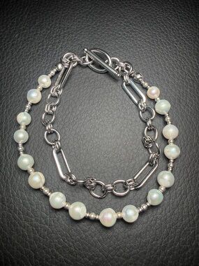 Angelical - White Pearl Twist Stainless Steel Link Toggle Bracelet